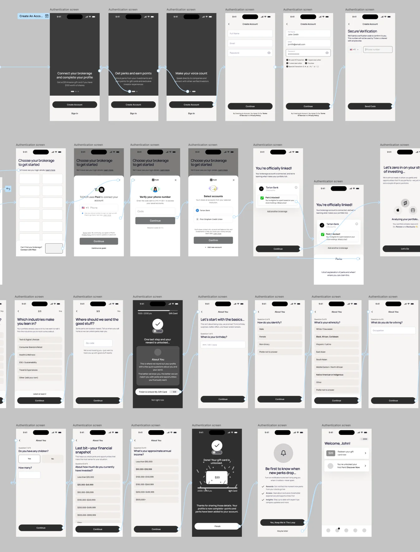 Onboarding wireframes
